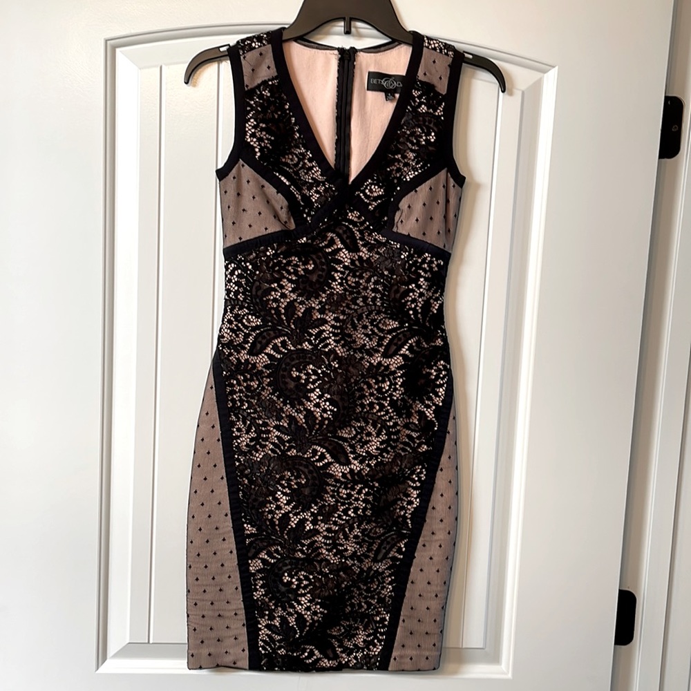 Nude and black lace fitted cocktail dress